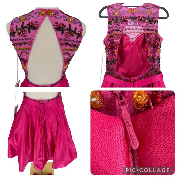 Angela & Alison Beaded Dress Pink Satin 10 Short Formal A-Line Pocket Open Back - Picture 12 of 16